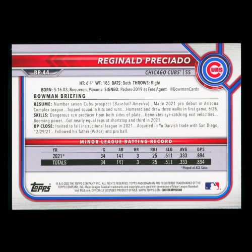 Reginald Preciado 2022 Bowman Prospects Cubs