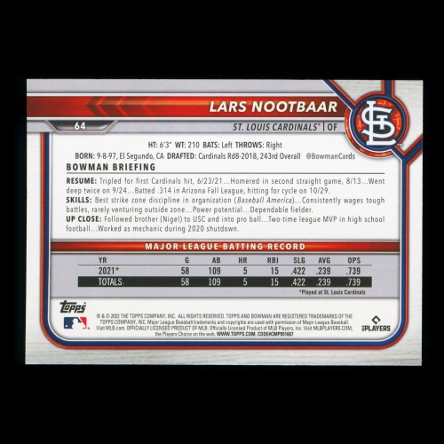 Lars Nootbaar RC 2022 Bowman Rookie Cardinals