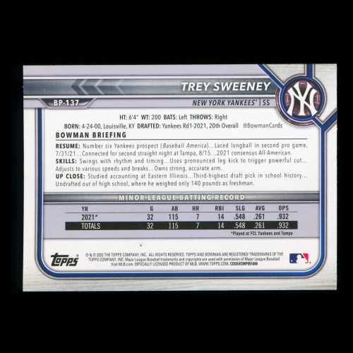 Trey Sweeney 2022 Bowman 1st Prospect Yankees