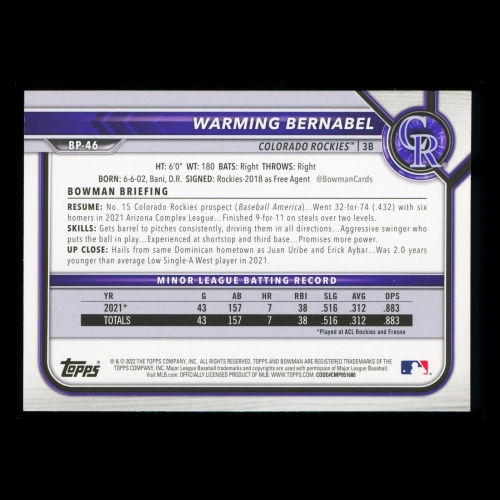 Warming Bernabel 2022 Bowman 1st Prospect Rockies