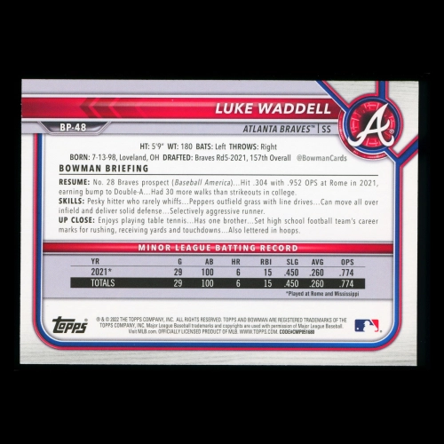Luke Waddell 2022 Bowman 1st Prospect Braves