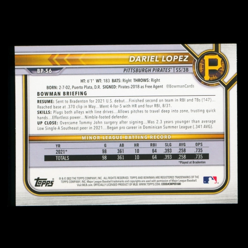 Dariel Lopez 2022 Bowman 1st Prospect Pirates