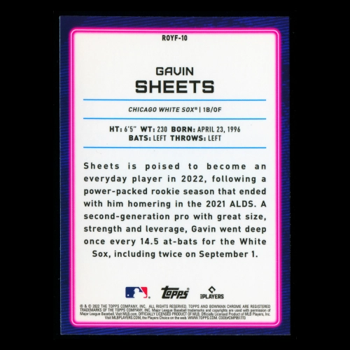 Gavin Sheets RC 2022 Bowman Chrome Rookie of the Year Favorites White Sox