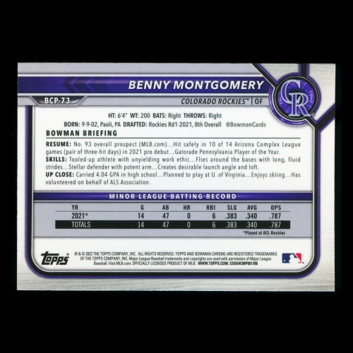 Benny Montgomery 2022 Bowman Chrome Prospects Rockies