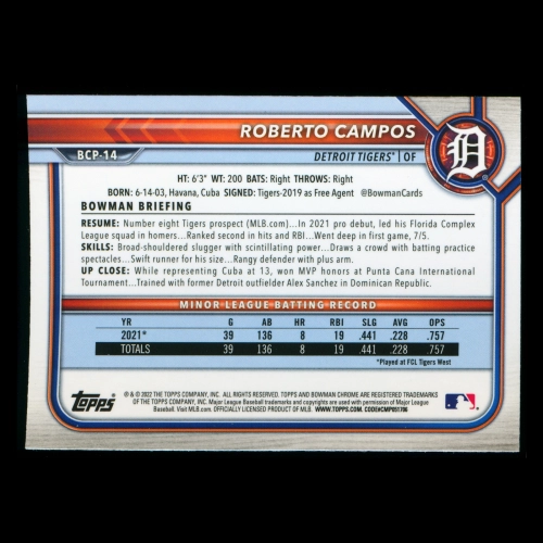 Roberto Campos 2022 Bowman Chrome 1st Bowman Prospects Tigers
