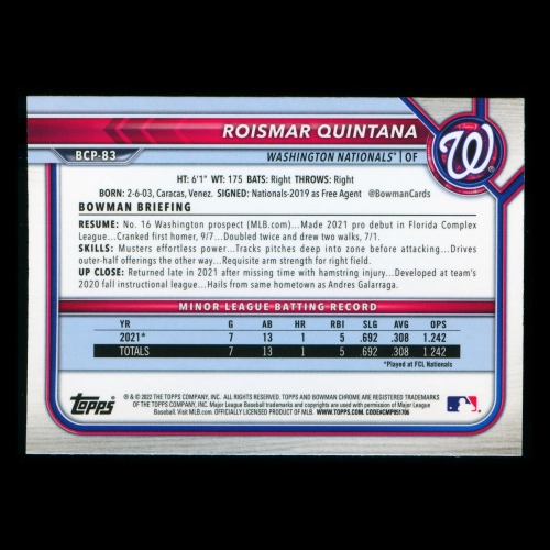 Roismar Quintana 2022 Bowman Chrome 1st Bowman Prospects Nationals