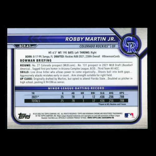 Robby Martin Jr. 2022 Bowman Chrome 1st Bowman Prospects Rockies