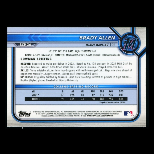 Brady Allen 2022 Bowman Chrome 1st Bowman Prospects Marlins