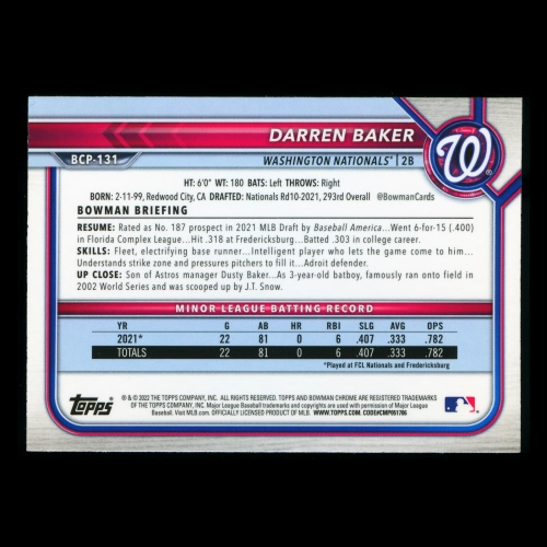 Darren Baker 2022 Bowman Chrome 1st Bowman Prospects Nationals