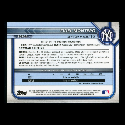 Fidel Montero 2022 Bowman Chrome 1st Bowman Prospects Yankees