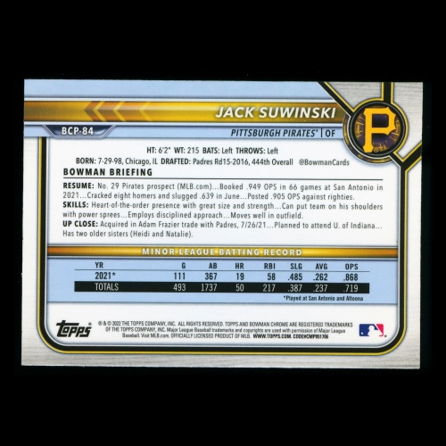 Jack Suwinski 2022 Bowman Chrome 1st Bowman Prospects Pirates