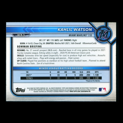 Kahlil Watson 2022 Bowman Chrome 1st Bowman Prospects Marlins