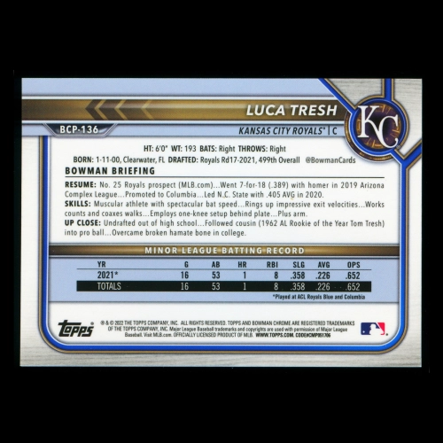Luca Tresh 2022 Bowman Chrome 1st Bowman Prospects Blue RayWave Refractors Royals 20/150