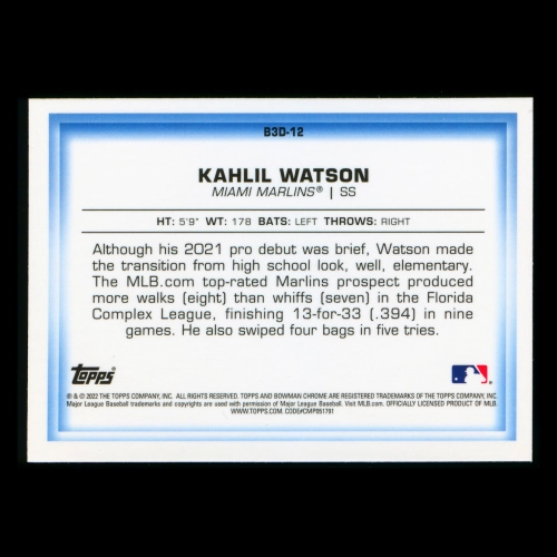  Kahlil Watson 2022 Bowman Chrome Bowman in 3D Marlins