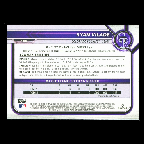 Ryan Vilade RC 2022 Bowman Rookie Rockies