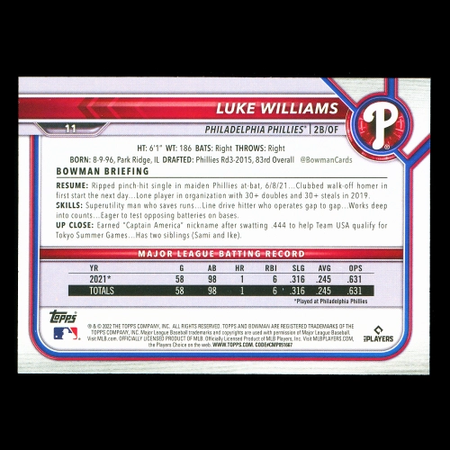 Luke Williams RC 2022 Bowman Rookie Phillies