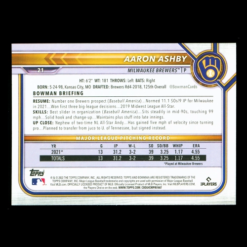 Aaron Ashby RC 2022 Bowman Rookie Brewers