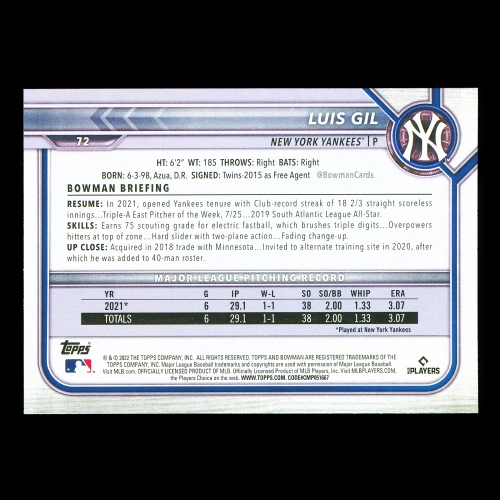 Luis Gil RC 2022 Bowman Rookie Yankees 