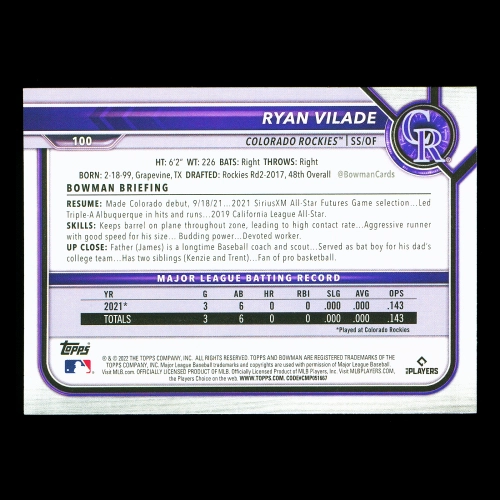Ryan Vilade RC 2022 Bowman Rookie Rockies 