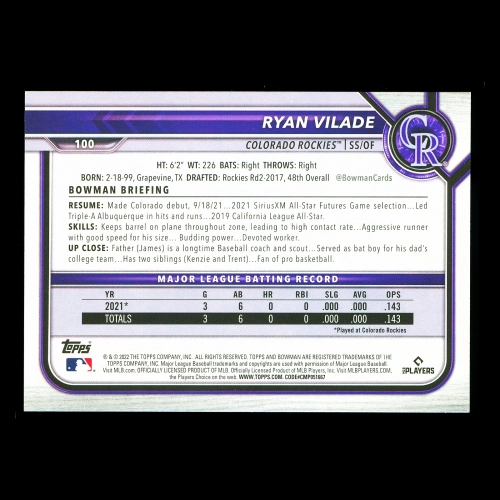 Ryan Vilade RC 2022 Bowman Rookie Rockies  