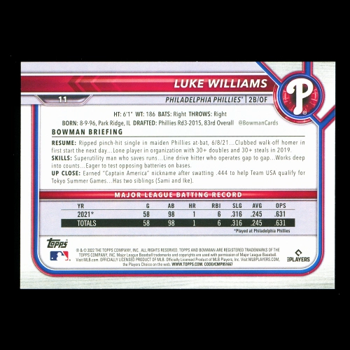 Luke Williams RC 2022 Bowman Rookie Phillies