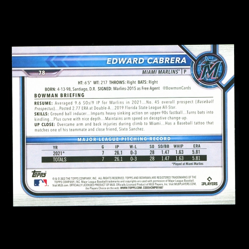 Edward Cabrera RC 2022 Bowman Rookie Marlins