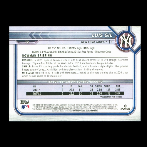 Luis Gil RC 2022 Bowman Rookie Yankees