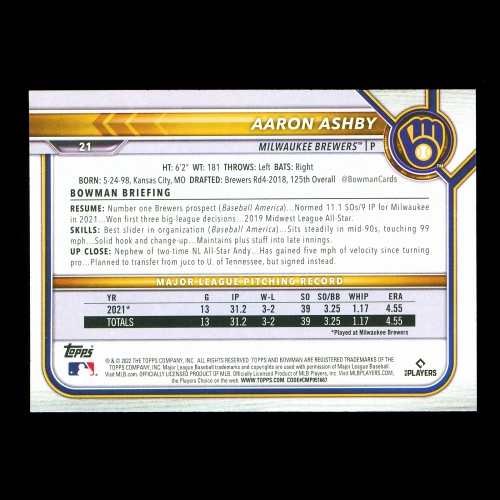 Aaron Ashby RC 2022 Bowman Rookie Brewers