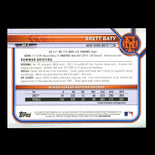 Brett Baty 2022 Bowman Prospects Mets