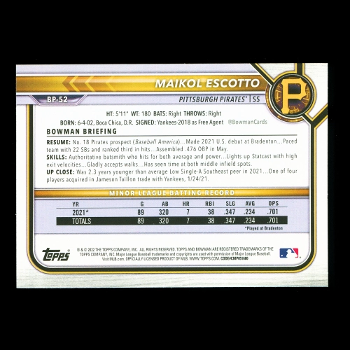 Maikol Escotto 2022 Bowman Prospects 1st Bowman Pirates