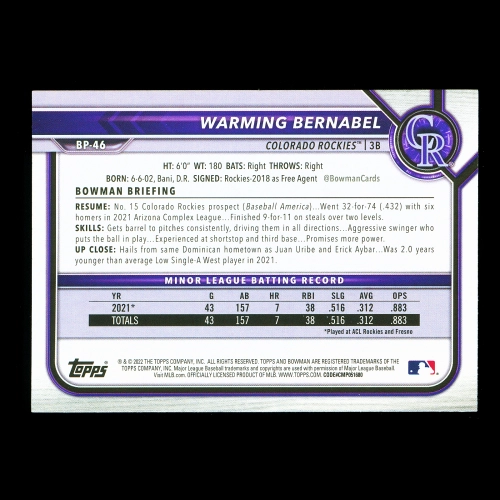 Warming Bernabel 2022 Bowman Prospects 1st Bowman Rockies