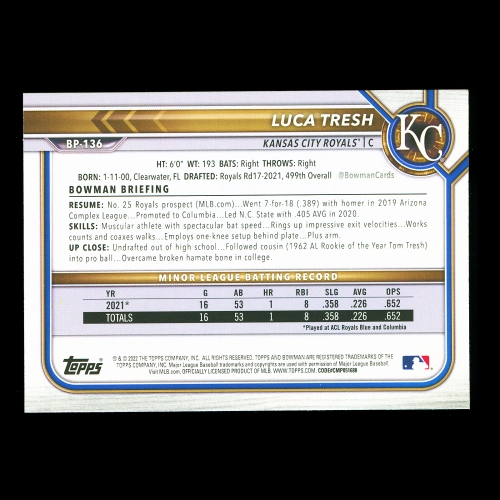 Luca Tresh 2022 Bowman Prospects 1st Bowman Royals