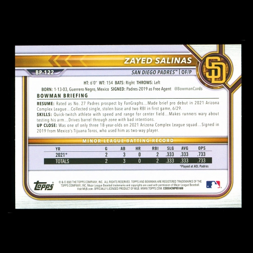 Zayed Salinas 2022 Bowman Prospects 1st Bowman Padres