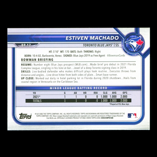 Estiven Machado 2022 Bowman Prospects 1st Bowman Blue Jays