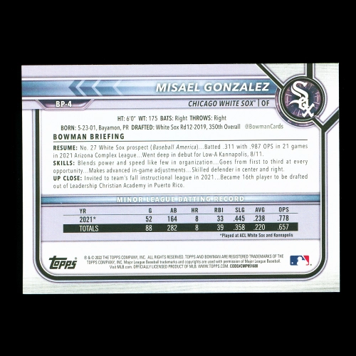 Misael Gonzalez 2022 Bowman Prospects 1st Bowman White Sox