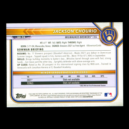 Jackson Chourio 2022 Bowman Prospects 1st Bowman Brewers