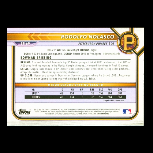 Rodolfo Nolasco 2022 Bowman Prospects 1st Bowman Pirates