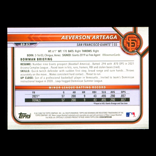 Aeverson Arteaga 2022 Bowman Prospects 1st Bowman Giants