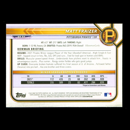 Matt Fraizer 2022 Bowman Prospects 1st Bowman Pirates
