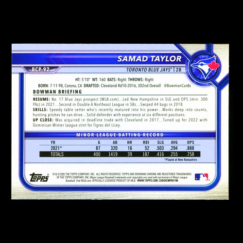 Samad Taylor 2022 Bowman Chrome Prospects 1st Bowman Blue Jays