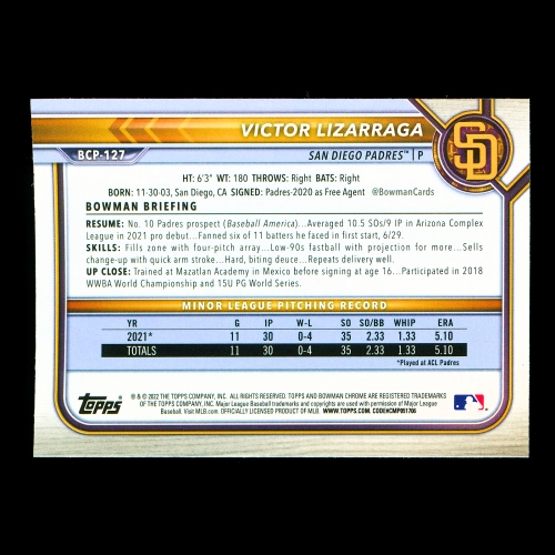 Victor Lizarraga 2022 Bowman Chrome Prospects 1st Bowman Padres