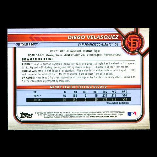 Diego Velasquez 2022 Bowman Chrome Prospects 1st Bowman Giants