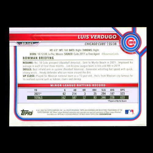 Luis Verdugo 2022 Bowman Prospects 1st Bowman Cubs
