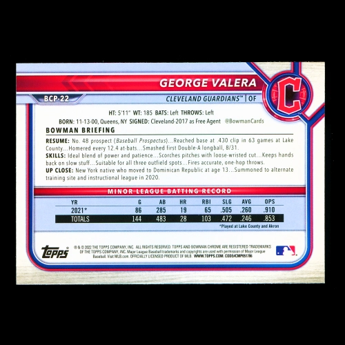 George Valera 2022 Bowman Chrome Prospects 1st Bowman Guardians