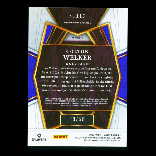 Colton Welker RC 2022 Select White Rookie Rockies 09/50