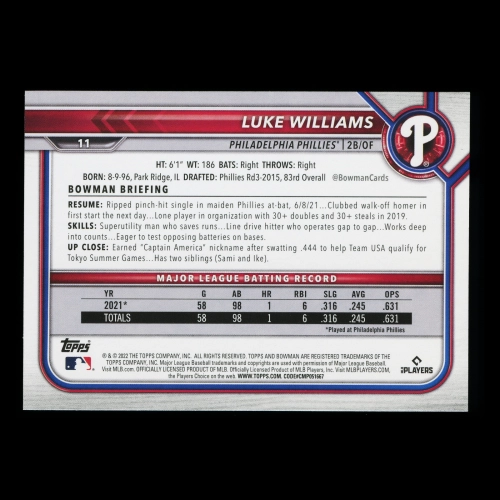 Luke Williams RC 2022 Bowman Rookie Phillies