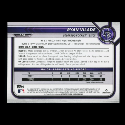 Ryan Vilade RC 2022 Bowman Rookie Rockies