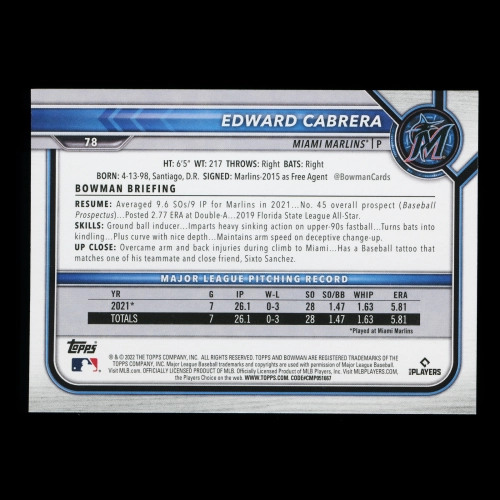 Edward Cabrera RC 2022 Bowman Rookie Marlins