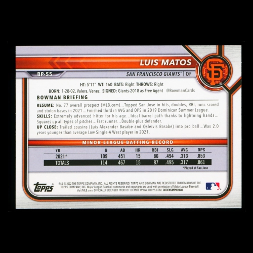 Luis Matos 2022 Bowman Prospects Giants