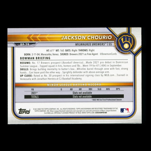 Jackson Chourio 2022 Bowman Prospects 1st Bowman Brewers